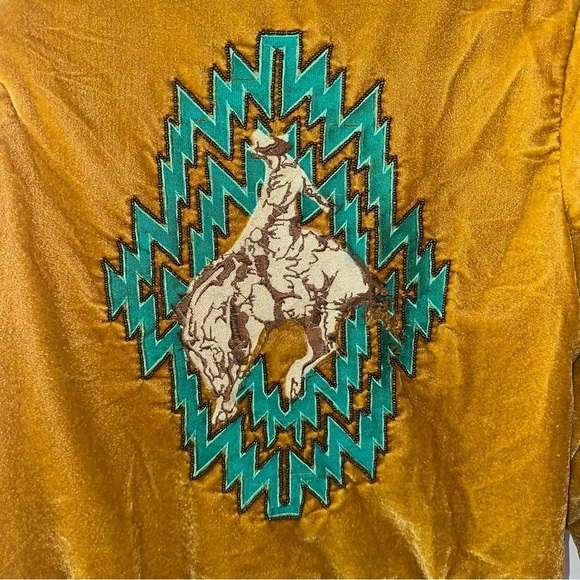 Crazy Train Mustard Velvet Like Bomber Jacket with Bucking Horse & Teal Accents - Picture 6 of 11